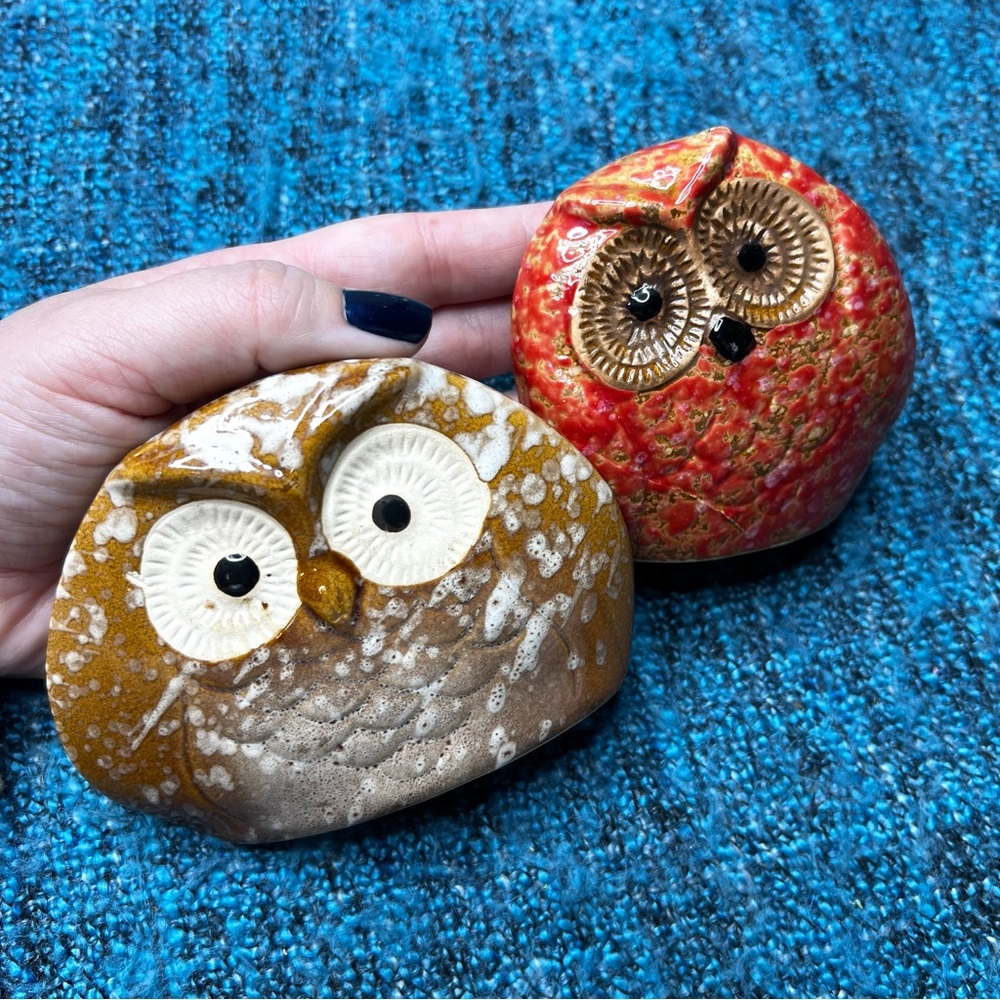 Ceramic Owl Mini Figurines Set of Two Red and Brown Sculptures Home Decor